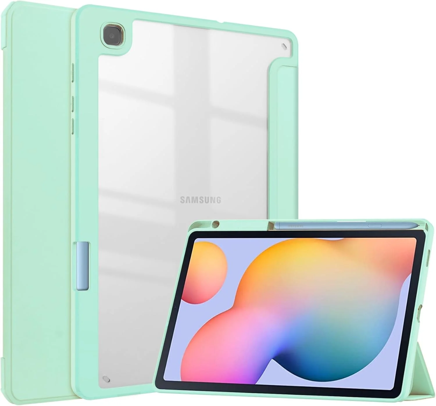 کاور هوشمند تبلت سه تایی سازگار با تبلت سامسونگ گلکسی تب S6 لایت 10.4 اینچ 2022/2020 (SM-P613/P619/P610/P615)، کاور باریک و ضد ضربه TPU شفاف با استند و جای مدادی، قابلیت بیدار شدن/خواب خودکار. سبز نعنایی