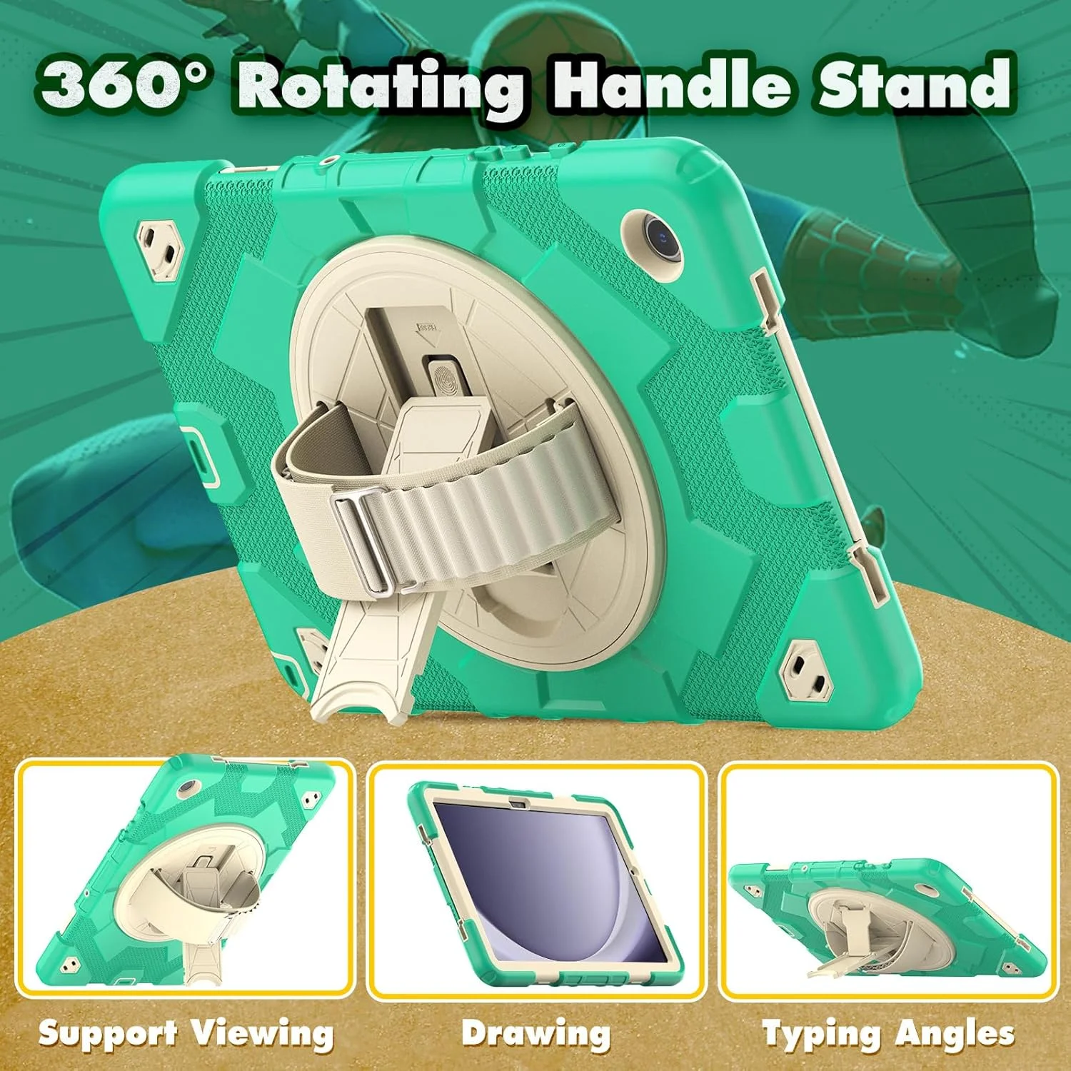 کیف تبلت nincyee برای Samsung Galaxy Tab A9+ 11 اینچ 2023، کیف سیلیکونی رنگین کمانی ضد ضربه و مقاوم برای کودکان با طرح قهرمان عنکبوتی، دارای جای قلم، بند شانه، پایه تاشو چرخان و بند دستی