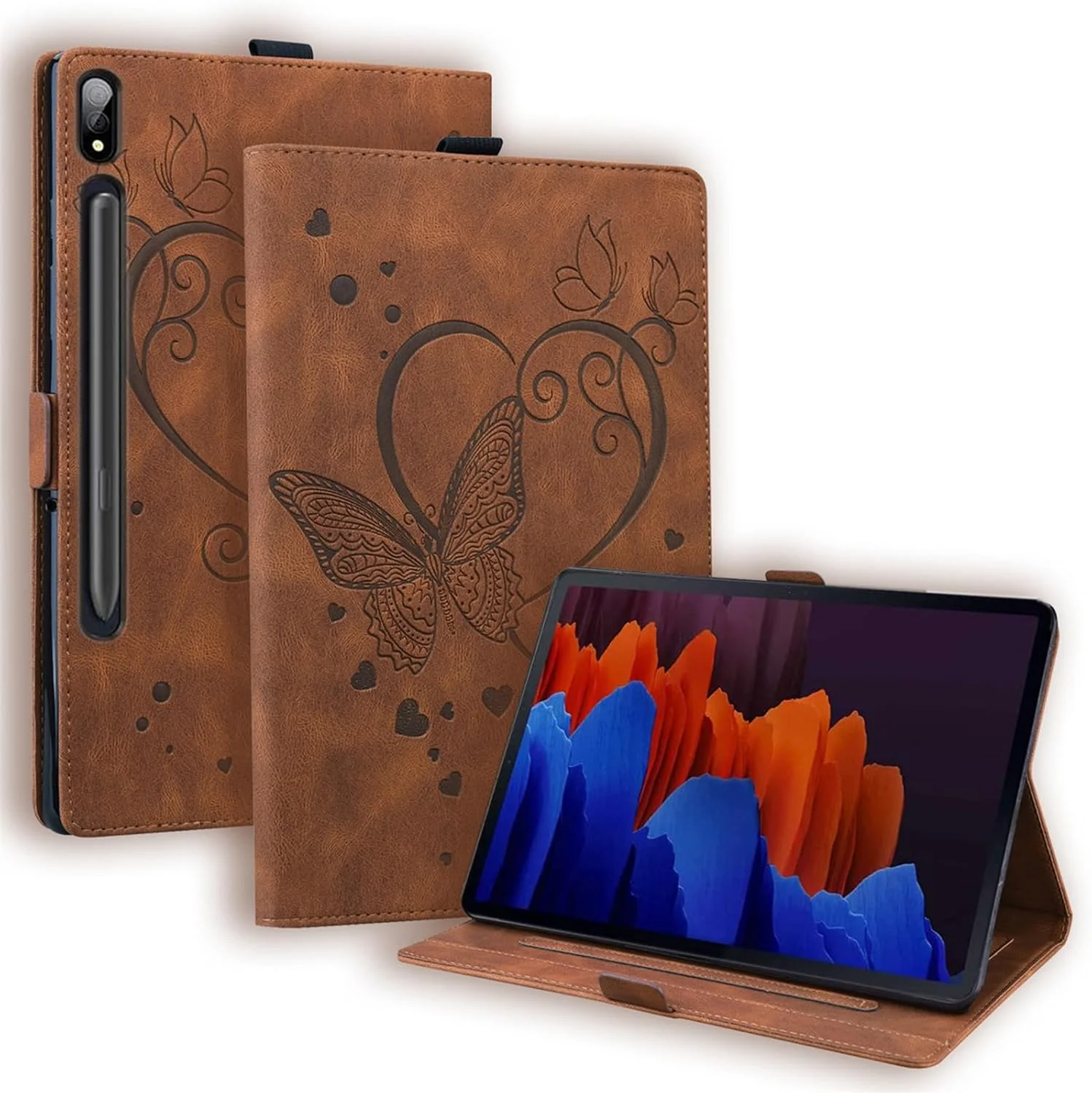 کیف تبلت SLLMYYX سازگار با تبلت سامسونگ گلکسی تب S9 2023 / S8 2022 / S7 2020 سایز 11 اینچ، طرح پروانه عشق، جلد هوشمند چرمی PU با قابلیت استند (قهوه ای)