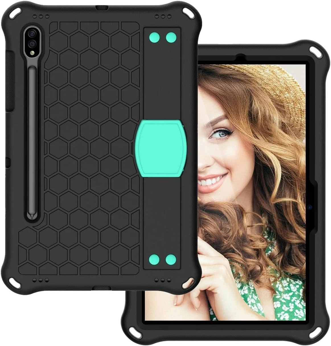 کیف تبلت کودکانه سازگار با تبلت سامسونگ گلکسی تب S9 11 اینچ 2023 X710/X716B/X718U، قاب محافظ مقاوم در برابر ضربه با نگهدارنده مداد/بند شانه، دسته نرم سیلیکونی قابل حمل (مشکی+آبی)