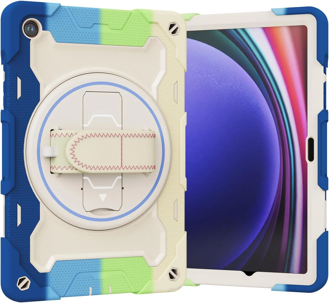 کیف تبلت nincyee برای Samsung Galaxy Tab A9+ 11 اینچ، کیف سیلیکونی رنگین کمانی مقاوم در برابر ضربه برای کودکان با نگهدارنده مداد، بند شانه، پایه تاشو چرخشی، بند دستی