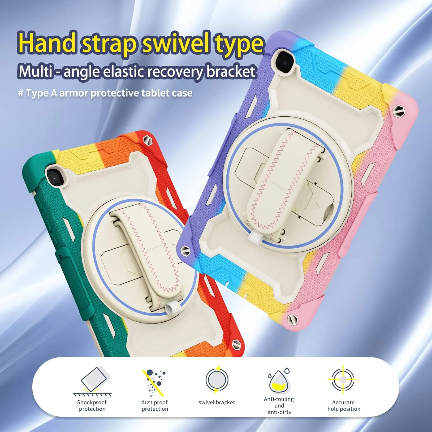 کیف تبلت nincyee برای Samsung Galaxy Tab A7 Lite 8.7 اینچ، کیف سیلیکونی رنگین کمانی مقاوم در برابر ضربه برای کودکان با نگهدارنده مداد، بند شانه، پایه تاشو چرخشی، بند دستی
