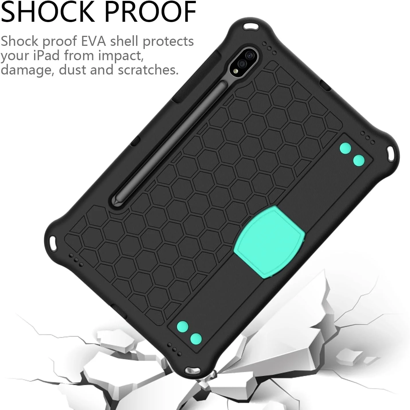 کیف تبلت کودکانه سازگار با تبلت سامسونگ گلکسی تب S9 11 اینچ 2023 X710/X716B/X718U، قاب محافظ مقاوم در برابر ضربه با نگهدارنده مداد/بند شانه، دسته نرم سیلیکونی قابل حمل (مشکی+آبی)