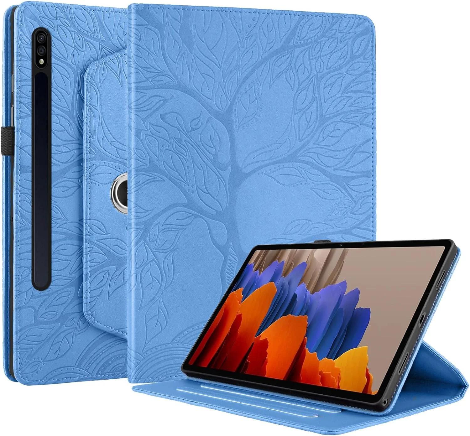 کیف تبلت چرخان 360 درجه SLLMYYX سازگار با Samsung Galaxy Tab S7 11.0 اینچ SM-T870/SM-T875، کاور استند باریک طرح درخت زندگی (آبی)