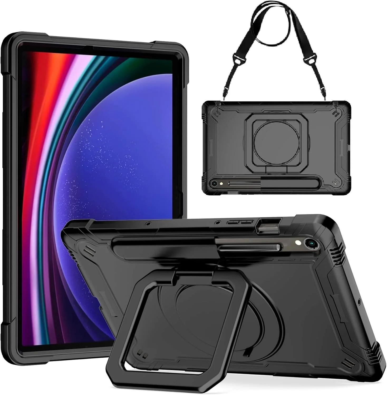 کاور زوکوف مناسب برای گلکسی تب S9 FE+/تب S9+ 12.4 اینچ، کاور مقاوم زرهی سنگین با پایه قابل تنظیم و دسته برای تب S9 پلاس 12.4 اینچ با بند شانه و نگهدارنده قلم S (مشکی/مشکی)