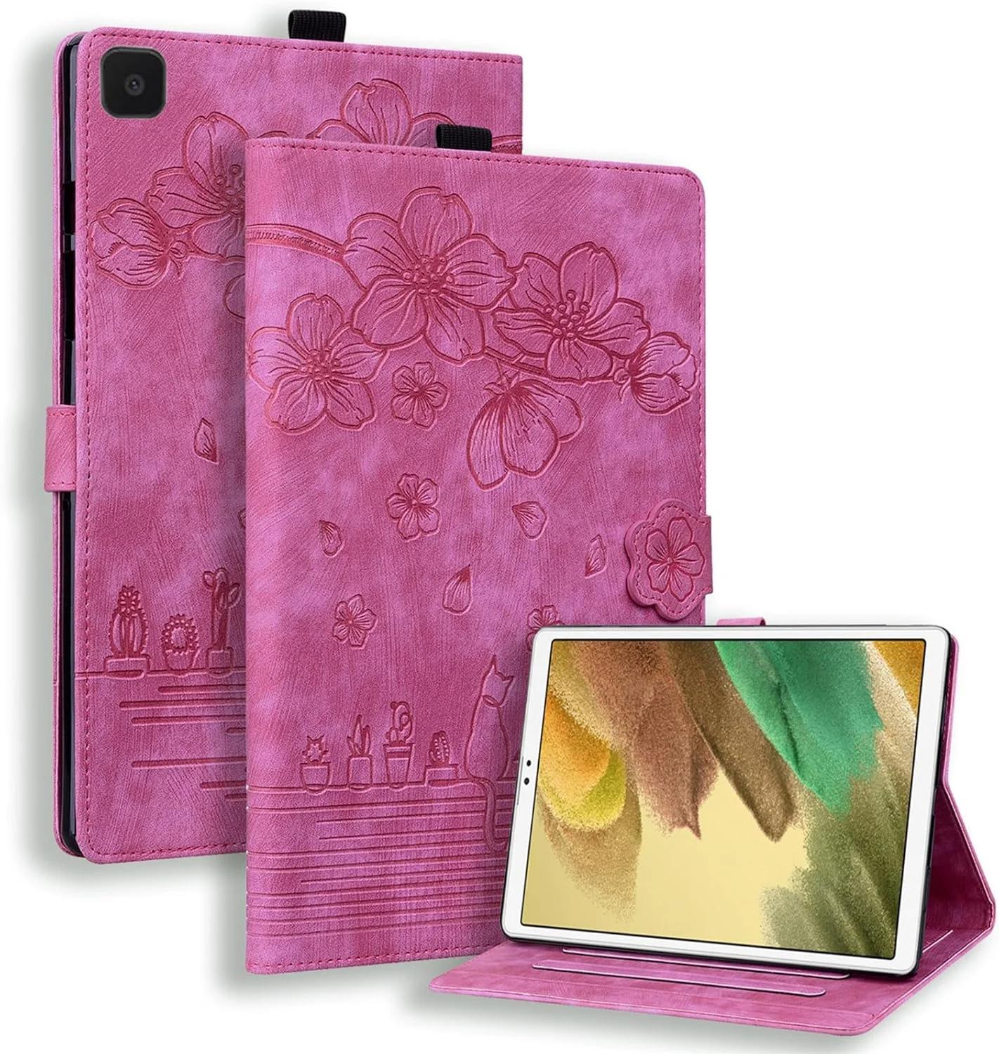کیف تبلت SLLMYYX سازگار با تبلت سامسونگ گلکسی تب A7 Lite 8.4 اینچ SM-T220 نسخه 2021، جلد هوشمند چرمی PU طرح گربه شکوفه گیلاس (رز)