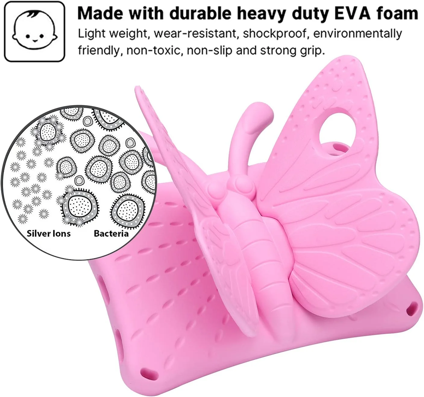 کاور تبلت سامسونگ گلکسی تب A 10.1 2019 مدل T510 T515 طرح پروانه سه بعدی فانتزی مناسب کودکان، سبک وزن، دارای استند EVA، ضد ضربه، مقاوم و مناسب کودکان (صورتی)