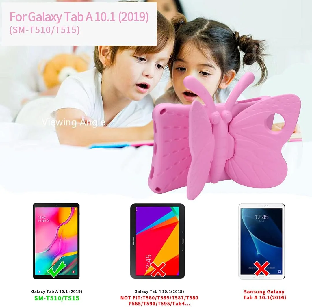 کاور تبلت سامسونگ گلکسی تب A 10.1 2019 مدل T510 T515 طرح پروانه سه بعدی فانتزی مناسب کودکان، سبک وزن، دارای استند EVA، ضد ضربه، مقاوم و مناسب کودکان (صورتی)