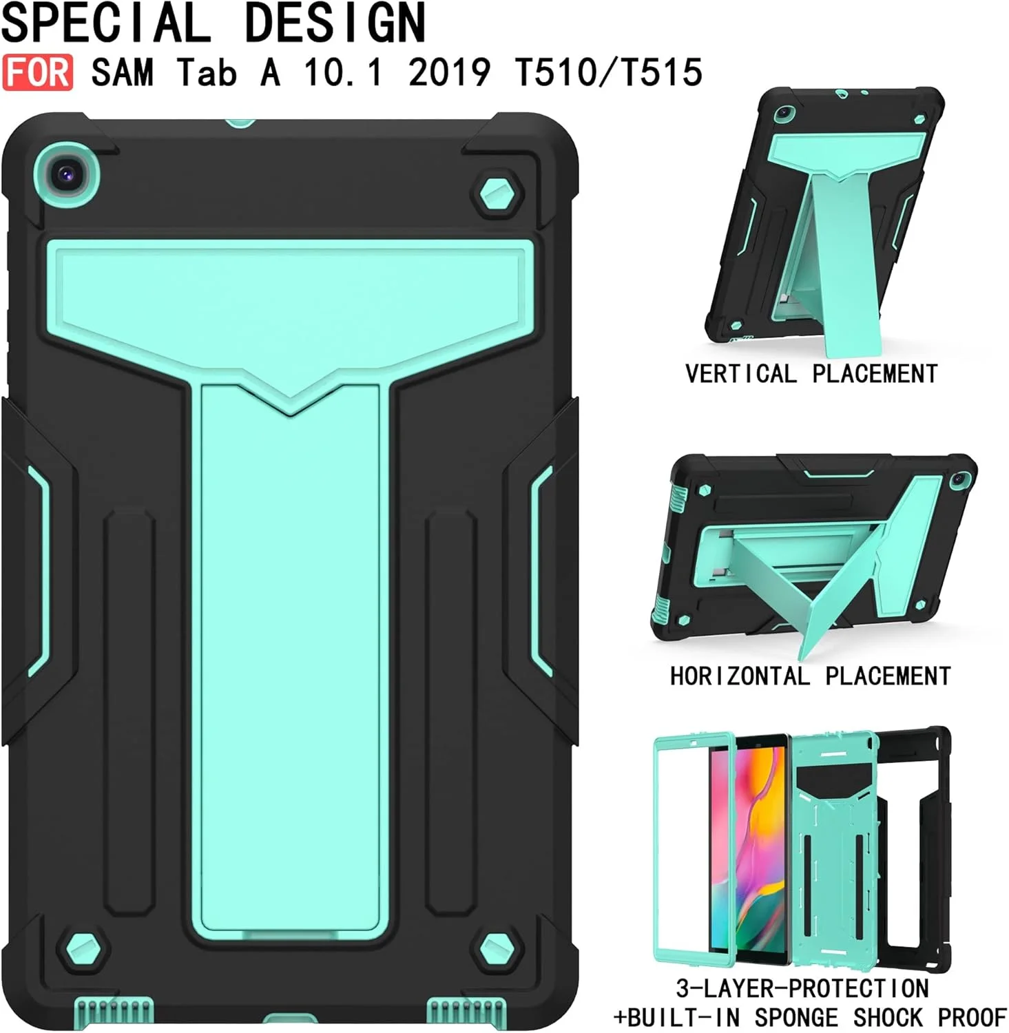 کیف تبلت مناسب برای Samsung Galaxy Tab A 10.1 SM-T510/T515 10.1 اینچ مدل 2019، با پایه تاشو، سه لایه، ضد ضربه، محافظت قوی