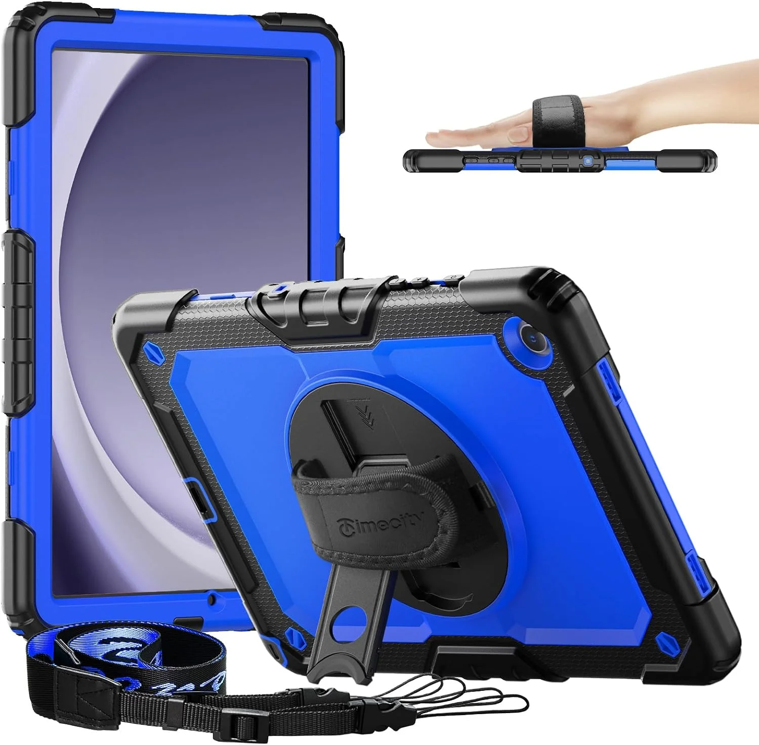کاور Timecity مناسب برای تبلت سامسونگ گلکسی تب A9 پلاس 11 اینچ 2023 (SM-X210/X216/X218)، با محافظ صفحه نمایش داخلی، پایه چرخان 360 درجه، بند دستی و بند شانه ای برای گلکسی تب A9 پلاس - آبی