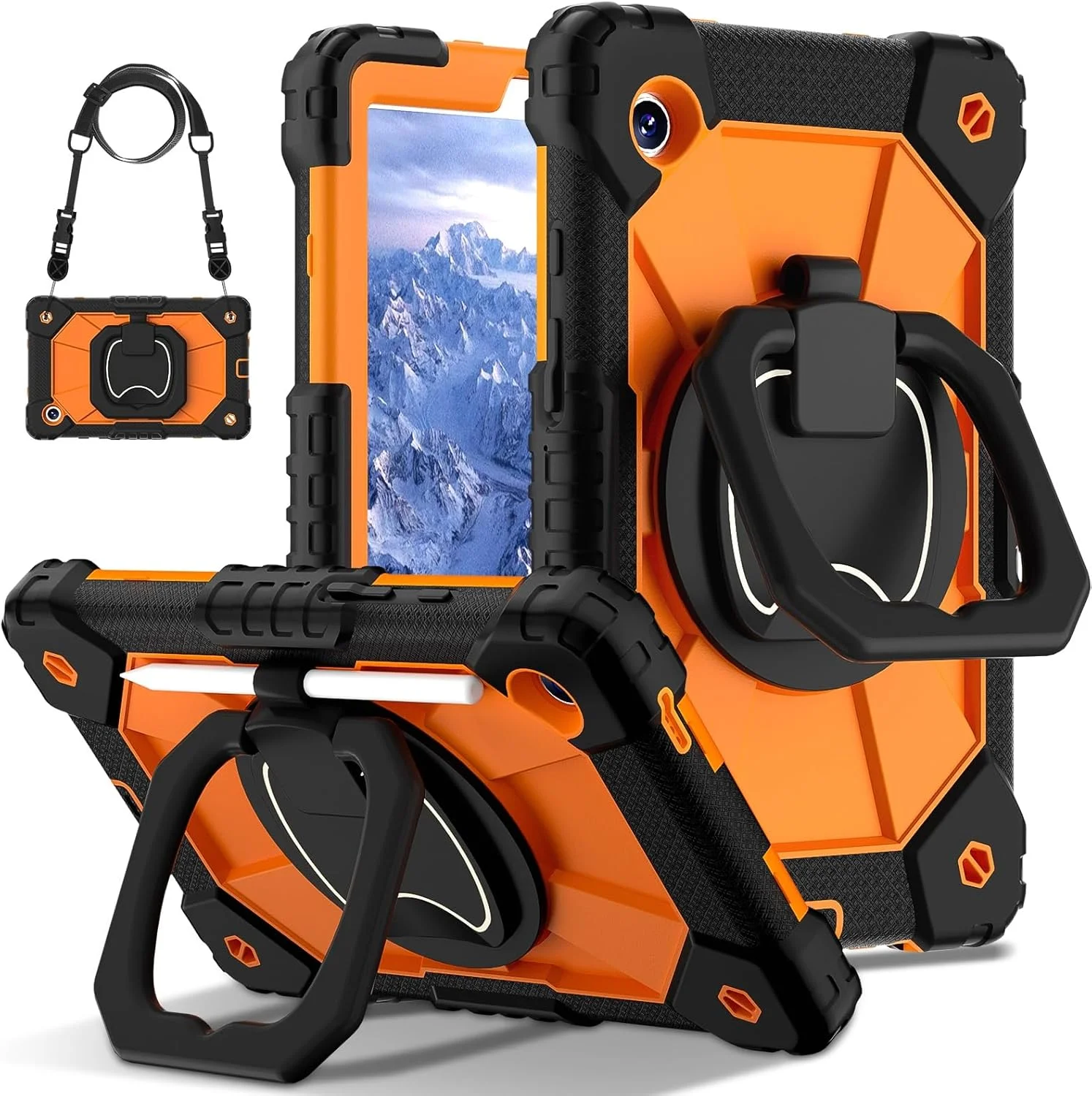 کیف تبلت مسافرتی سازگار با تبلت سامسونگ گلکسی تب A9 8.7 اینچ مدل 2023 (SM-X110/X115/X117)، کیف مقاوم در برابر ضربه با پایه چرخان 360 درجه، بند شانه/بند شانه سازگار