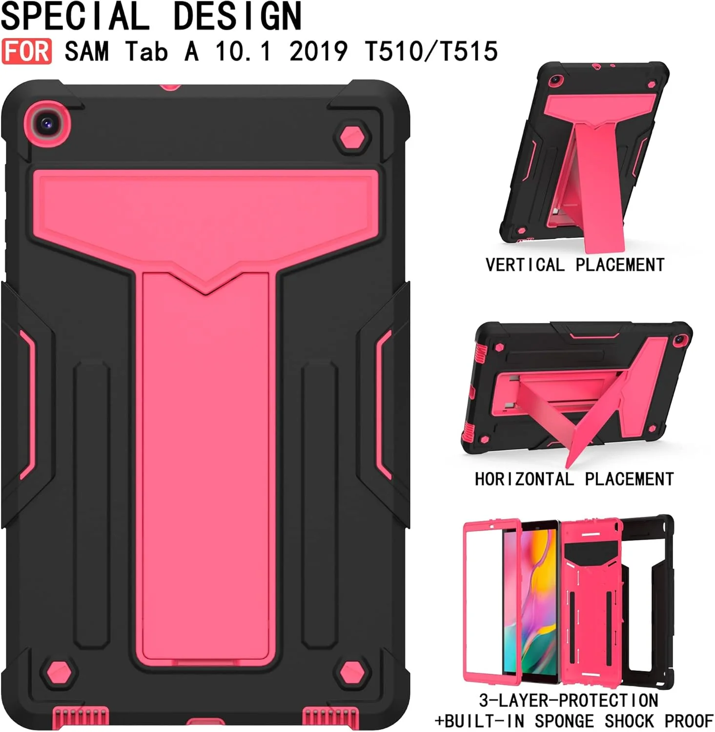 کیف تبلت مسافرتی سازگار با تبلت سامسونگ گلکسی تب A 10.1 SM-T510/T515 سایز 10.1 اینچ مدل 2019، با پایه تاشو، سه لایه هیبریدی، محافظت کامل از بدنه، مقاوم در برابر ضربه و افتادن