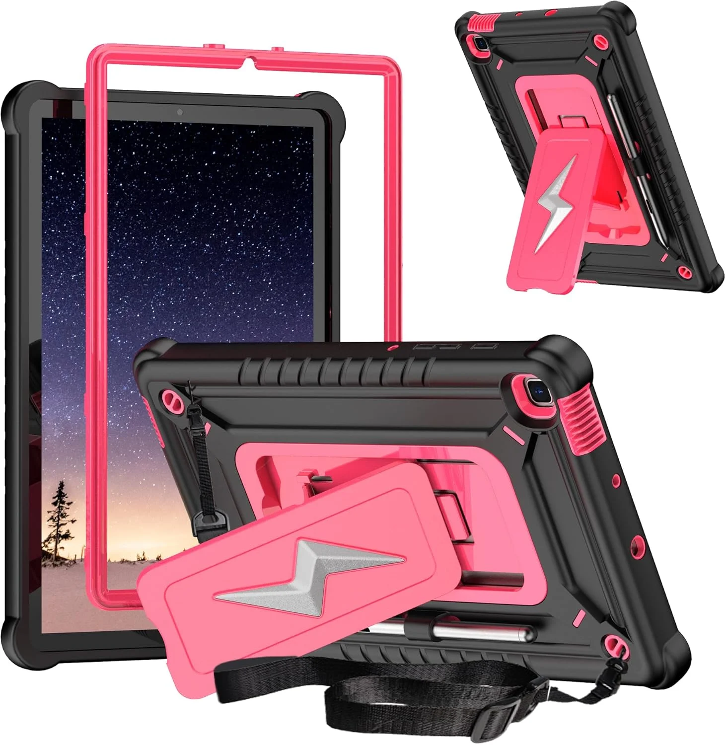 کیف تبلت سازگار با Samsung Galaxy Tab S6 Lite 10.4 اینچ SM-P620/P625/P610/P613/P615/P619 با پایه داخلی + بند شانه، کیف مقاوم، پوشش محافظ ضد ضربه هیبریدی. مشکی + صورتی