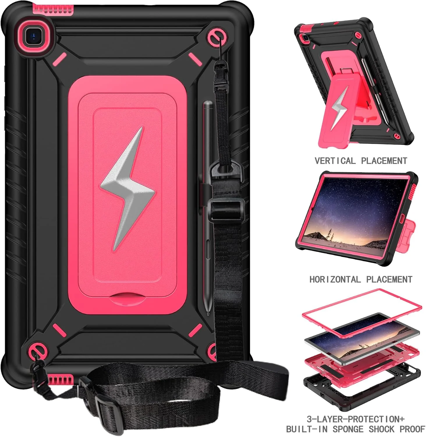 کیف تبلت سازگار با Samsung Galaxy Tab S6 Lite 10.4 اینچ SM-P620/P625/P610/P613/P615/P619 با پایه داخلی + بند شانه، کیف مقاوم، پوشش محافظ ضد ضربه هیبریدی. مشکی + صورتی