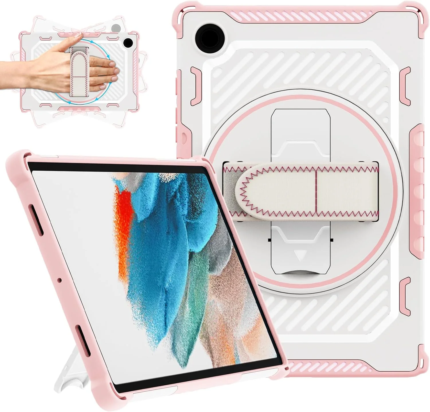 کاور محافظ تبلت سامسونگ گلکسی تب A8 مدل ROISKIN با سایز 10.5 اینچ: کاور محافظ ضد ضربه و مقاوم برای تبلت سامسونگ A8 مدل 2021 به همراه استند چرخان 360 درجه و بند دستی مناسب کودکان، پسران و دختران - صورتی