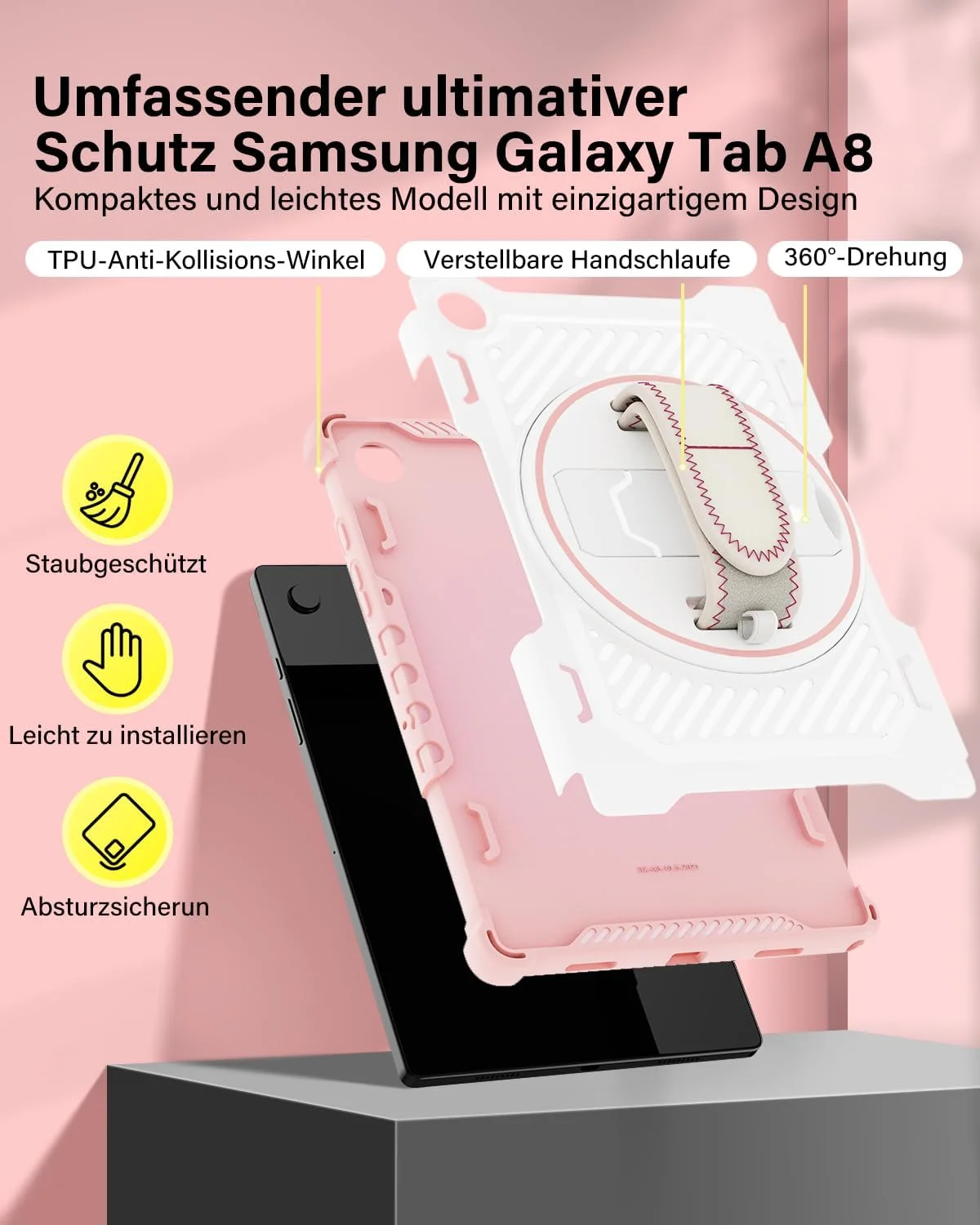 کاور محافظ تبلت سامسونگ گلکسی تب A8 مدل ROISKIN با سایز 10.5 اینچ: کاور محافظ ضد ضربه و مقاوم برای تبلت سامسونگ A8 مدل 2021 به همراه استند چرخان 360 درجه و بند دستی مناسب کودکان، پسران و دختران - صورتی