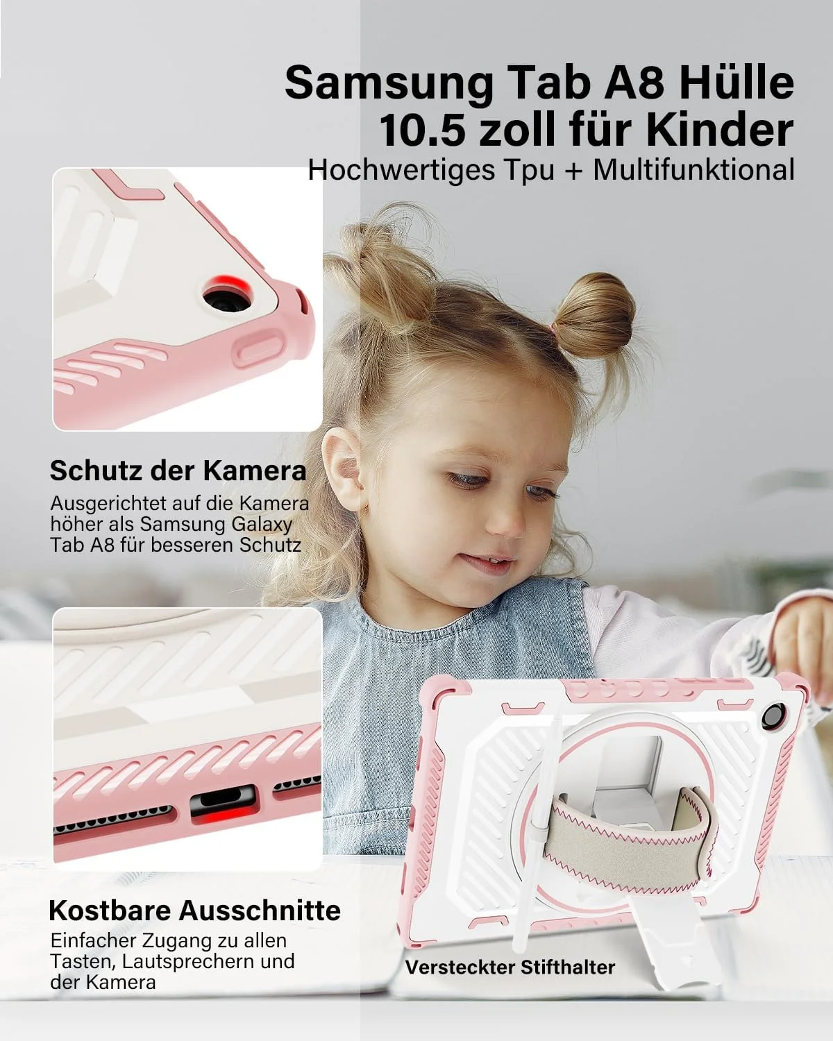 کاور محافظ تبلت سامسونگ گلکسی تب A8 مدل ROISKIN با سایز 10.5 اینچ: کاور محافظ ضد ضربه و مقاوم برای تبلت سامسونگ A8 مدل 2021 به همراه استند چرخان 360 درجه و بند دستی مناسب کودکان، پسران و دختران - صورتی