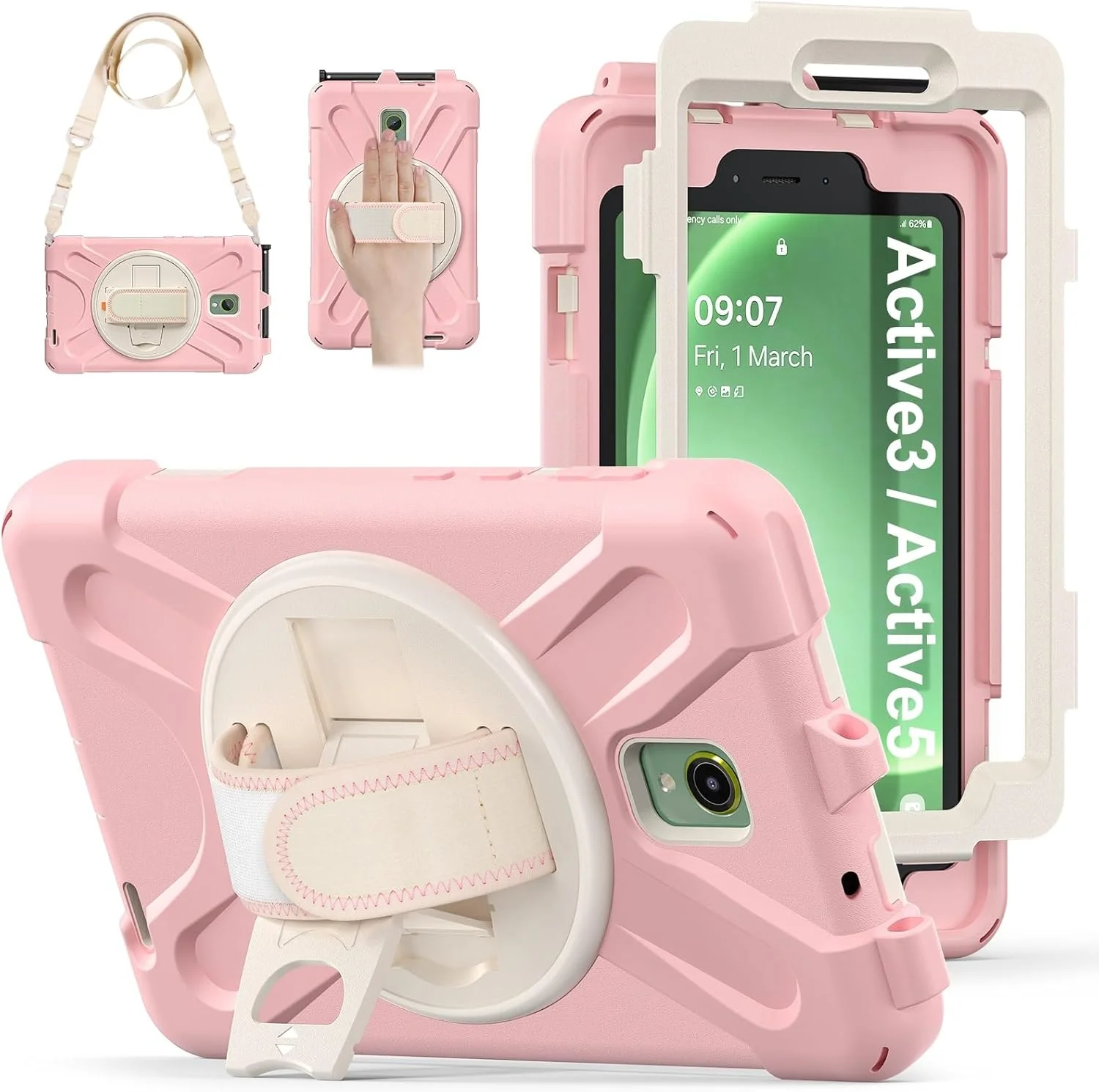 کیف محافظ تبلت، ضد ضربه، TPU، سازگار با Samsung Galaxy Tab Active 3 8.0" 2020 T570/T575/T577، کاور محافظ، ضد سقوط، ضد شوک با پایه چرخان + دسته + بند شانه