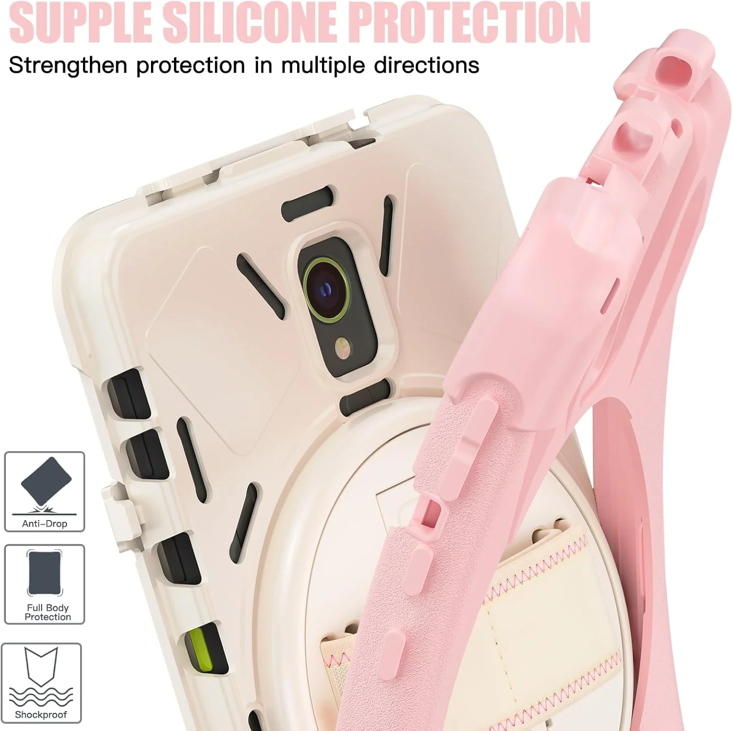 کیف محافظ تبلت، ضد ضربه، TPU، سازگار با Samsung Galaxy Tab Active 3 8.0" 2020 T570/T575/T577، کاور محافظ، ضد سقوط، ضد شوک با پایه چرخان + دسته + بند شانه