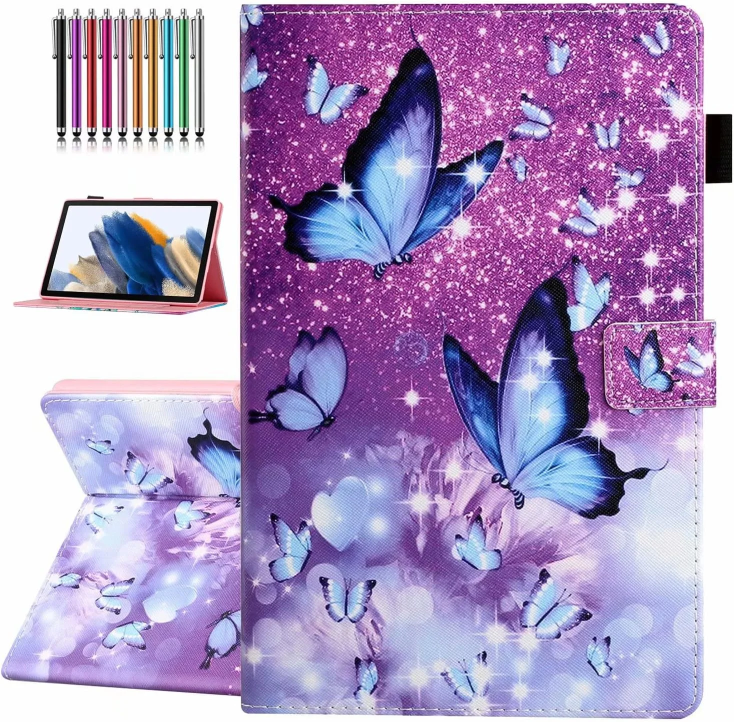 کاور تبلت سامسونگ گلکسی تب S6 لایت 10.4 اینچ مدل 2022/2020 (SM-P610/P613/P615/P619)، با قابلیت بیدار شدن/به خواب رفتن خودکار، جلد تاشو چرمی PU ممتاز با نگهدارنده قلم و زوایای دید چندگانه - پروانه بنفش