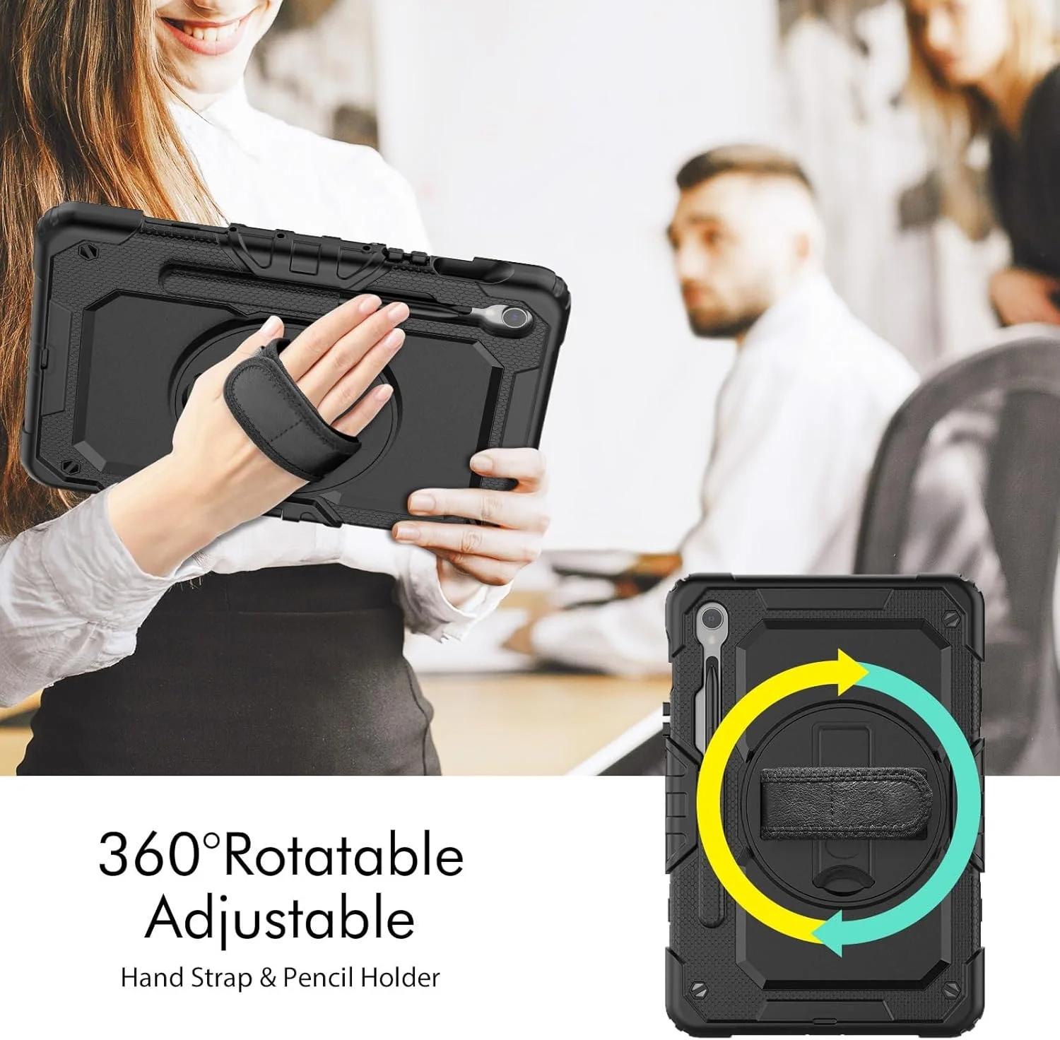 Travel with Tablet Case for Samsung Galaxy Tab S9 FE SM-X510/X516/X518 with Screen Protector [Kickstand] [Shoulder Strap] Rugged Shockproof 360° Rotating Strap and Shoulder Strap (Siyah)