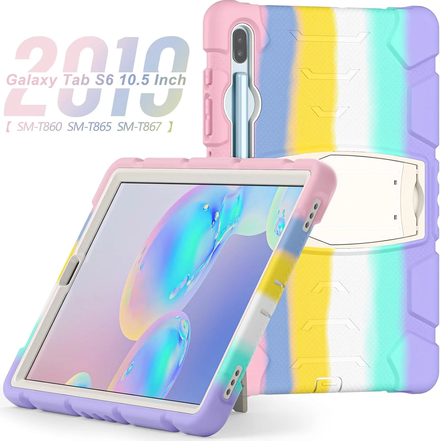 HUHI Case for Samsung Galaxy Tab S6 10.5 Inch SM-T860/SM-T865, Dual Layer Slim Heavy Shockproof Rugged Protective Case with Kickstand (Colourful Pink)