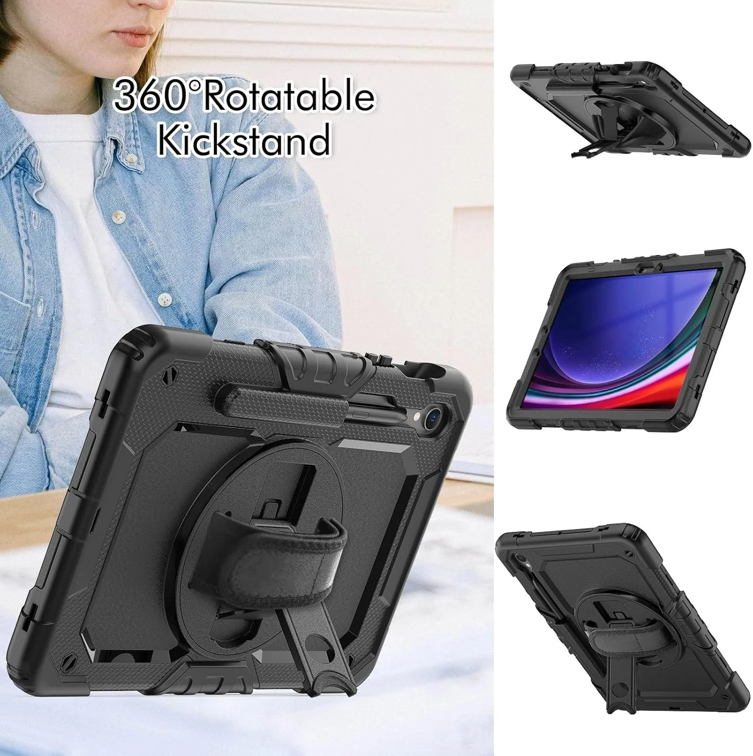 Travel with Tablet Case for Samsung Galaxy Tab S9 FE SM-X510/X516/X518 with Screen Protector [Kickstand] [Shoulder Strap] Rugged Shockproof 360° Rotating Strap and Shoulder Strap (Siyah)