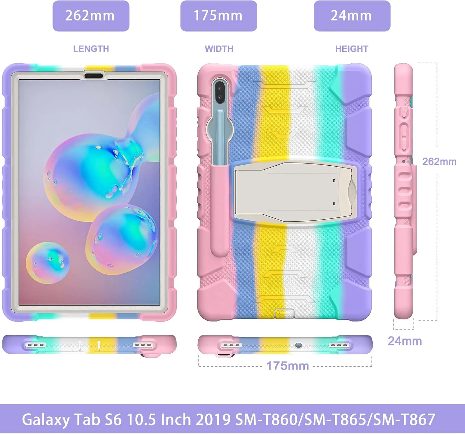 HUHI Case for Samsung Galaxy Tab S6 10.5 Inch SM-T860/SM-T865, Dual Layer Slim Heavy Shockproof Rugged Protective Case with Kickstand (Colourful Pink)