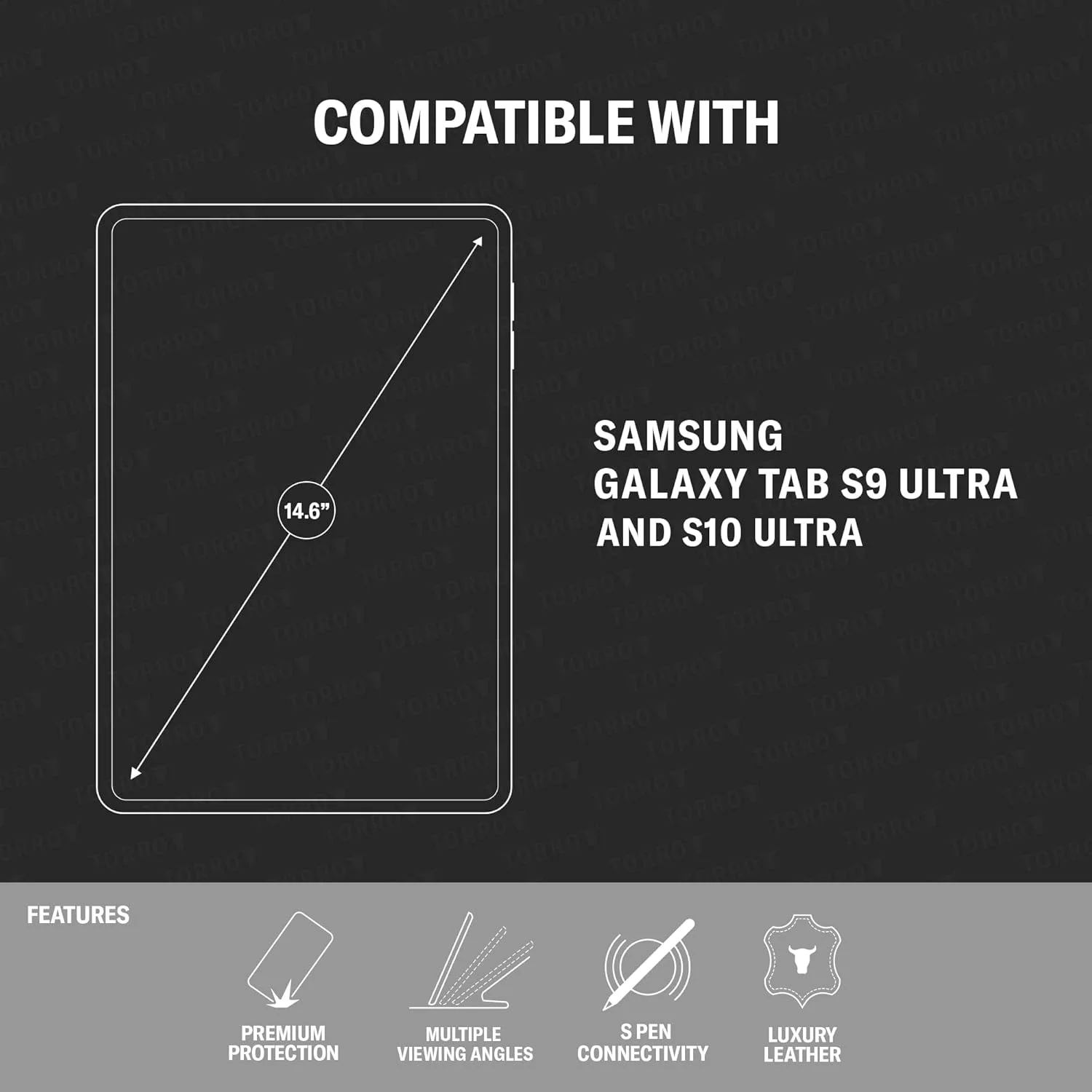 کیف چرمی TORRO سازگار با Samsung Galaxy Tab S10/S9 Ultra - کیف چرمی ممتاز Galaxy Tab S10/S9 Ultra مدل 2024/2023 با عملکرد استند و قابلیت بیدار/خواب خودکار (مشکی با جزئیات قرمز)