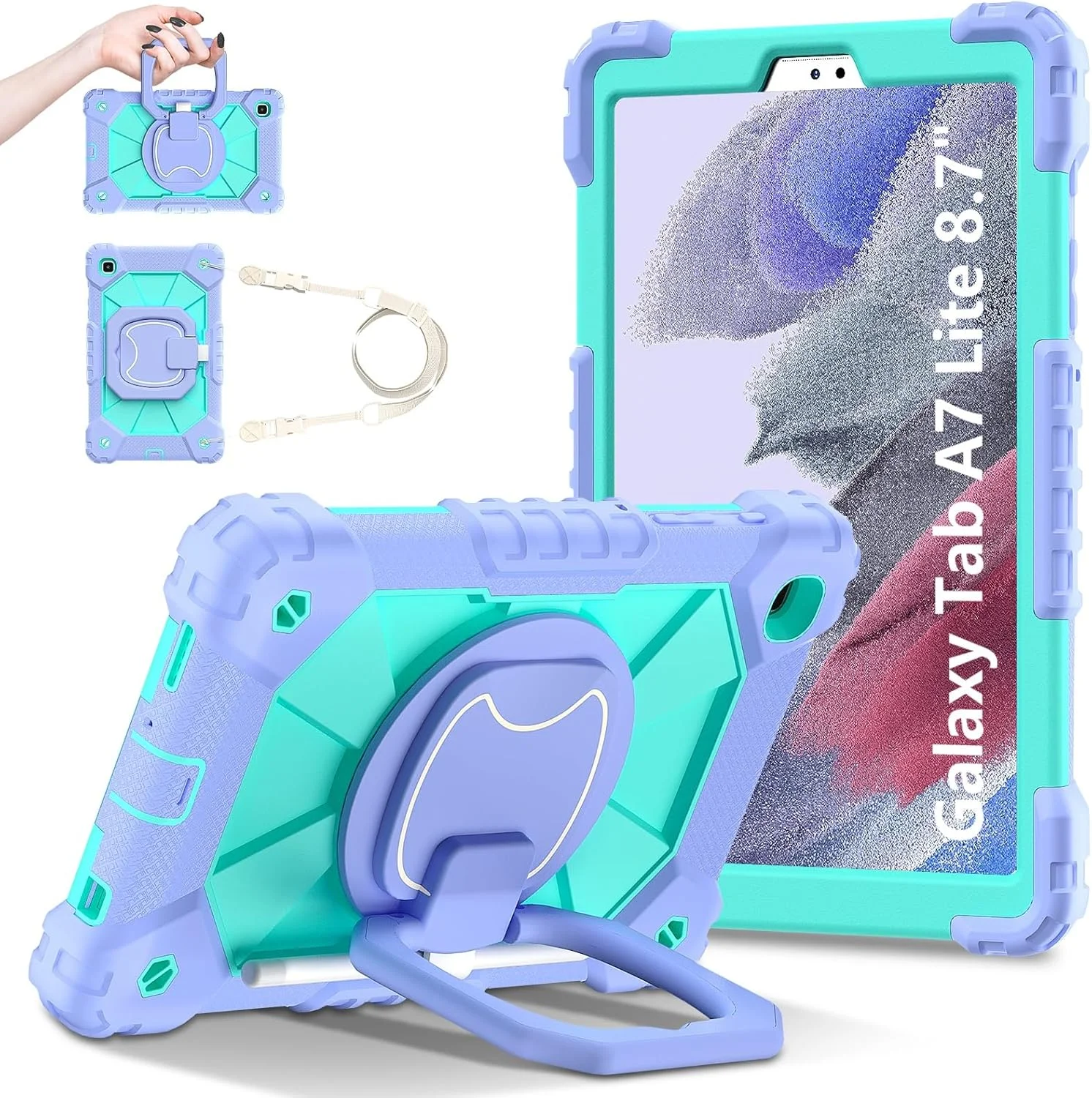 کاور تبلت سازگار با تبلت سامسونگ گلکسی تب A7 لایت 8.7 اینچ 2020 مدل SM-T225/T220، کاور محافظ ضد ضربه با پایه چرخان 360 درجه + بند دستی + بند شانه، مناسب برای تبلت در خانه (P)