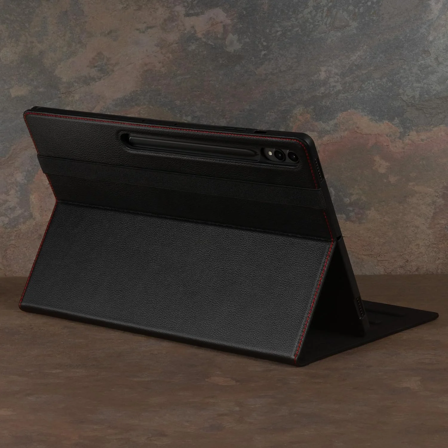 کیف چرمی TORRO سازگار با Samsung Galaxy Tab S10/S9 Ultra - کیف چرمی ممتاز Galaxy Tab S10/S9 Ultra مدل 2024/2023 با عملکرد استند و قابلیت بیدار/خواب خودکار (مشکی با جزئیات قرمز)