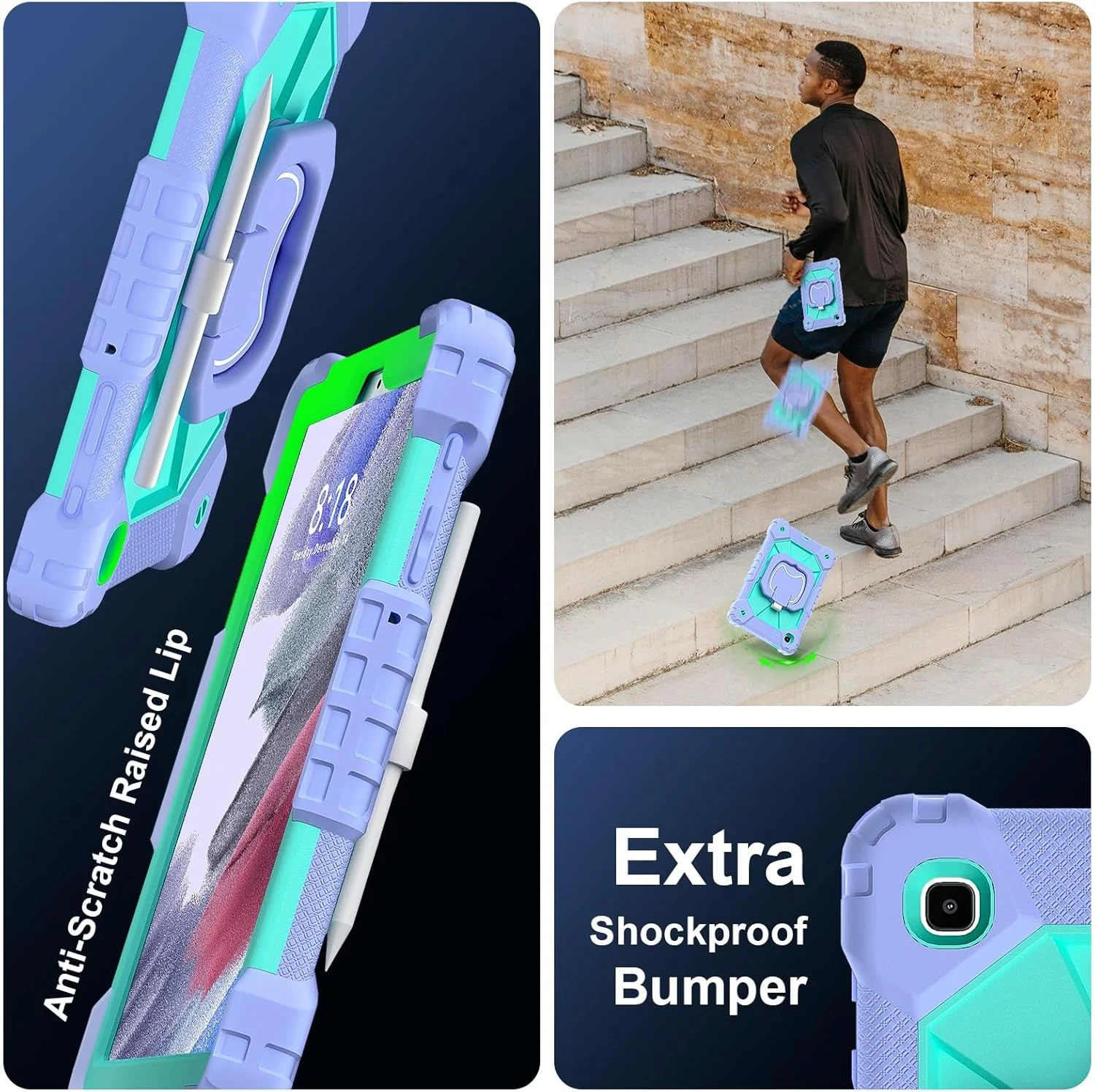 کاور تبلت سازگار با تبلت سامسونگ گلکسی تب A7 لایت 8.7 اینچ 2020 مدل SM-T225/T220، کاور محافظ ضد ضربه با پایه چرخان 360 درجه + بند دستی + بند شانه، مناسب برای تبلت در خانه (P)