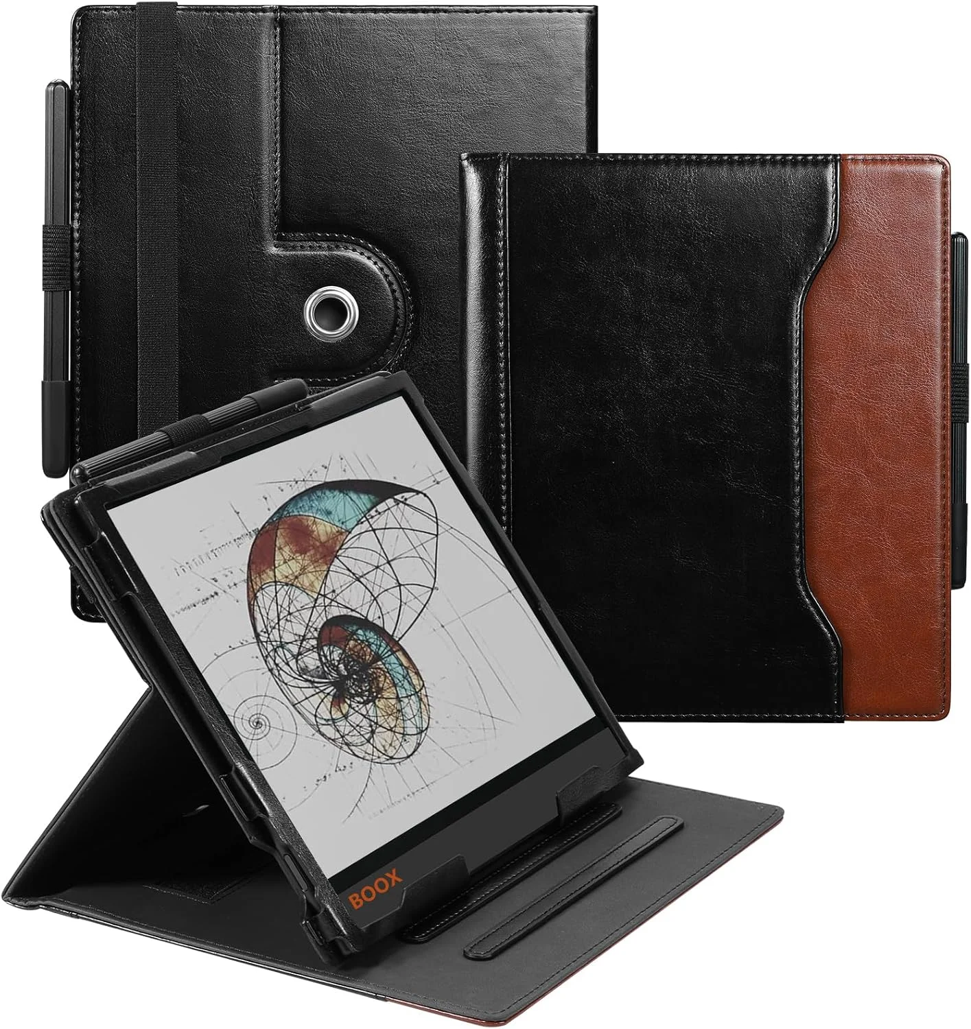 کیف چرمی برای تبلت بوکس نوت ایر 4C / بوکس نوت ایر 3C / نوت ایر 3 / نوت ایر 2 / ایر 2 پلاس - کیف چرمی PU با بند مچی / جای قلم و عملکرد بیدار شدن خودکار (مشکی در مقابل قهوه ای)