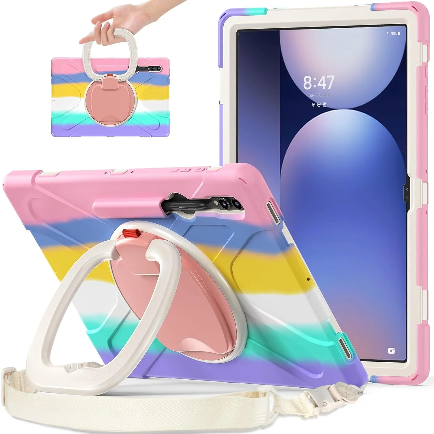 کیف تبلت مسافرتی سازگار با Samsung Galaxy Tab S10 Ultra 14.6" 2024 SM-X920، کیف مقاوم در برابر ضربه با پایه چرخان 360 درجه، بند شانه / بند شانه سازگار با تبلت، کیف