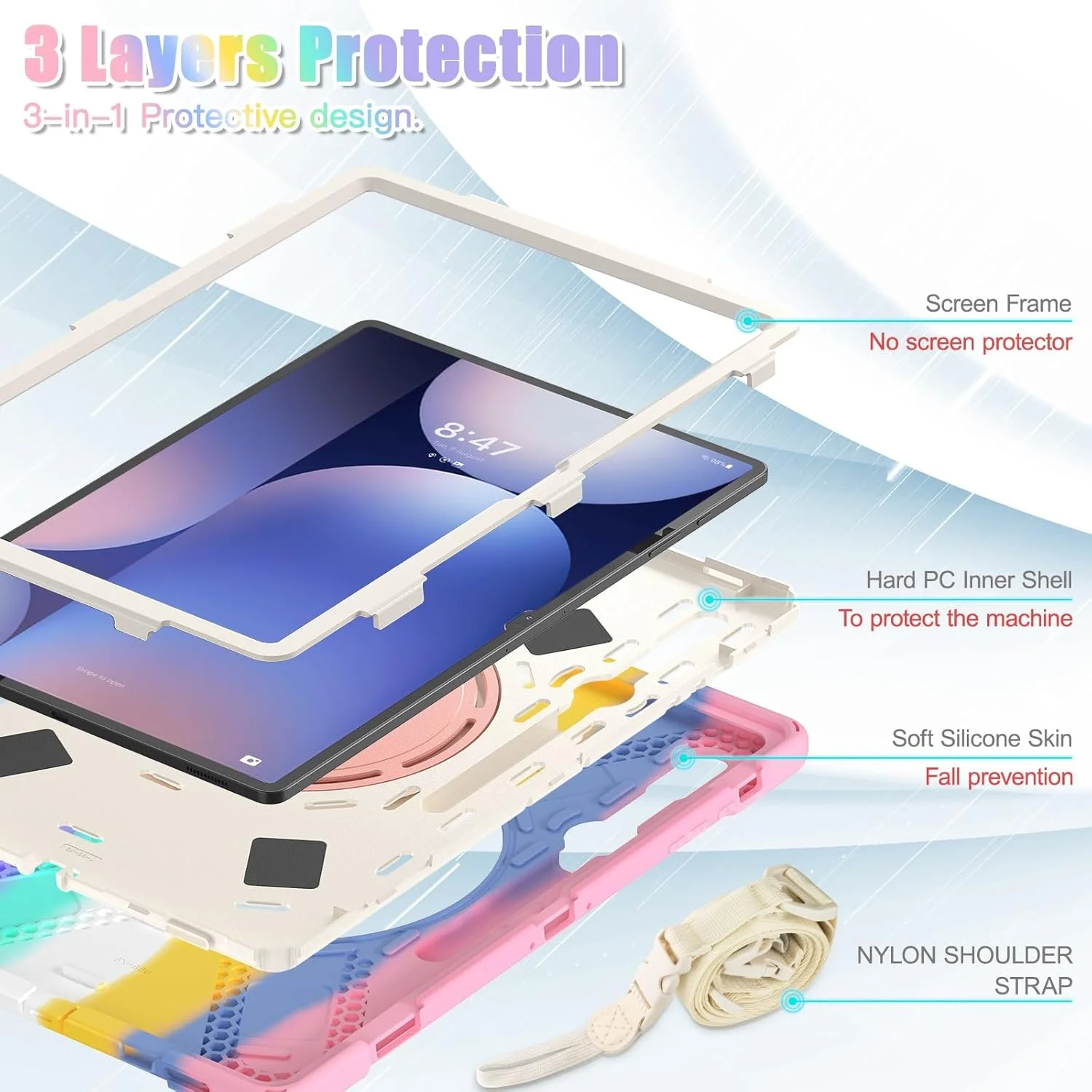 کیف تبلت مسافرتی سازگار با Samsung Galaxy Tab S10 Ultra 14.6" 2024 SM-X920، کیف مقاوم در برابر ضربه با پایه چرخان 360 درجه، بند شانه / بند شانه سازگار با تبلت، کیف کیف تبلت مسافرتی سازگار با Samsung Galaxy Tab S10 Ultra 14.6" 2024 SM-X920، کیف مقاوم در برابر ضربه با پایه چرخان 360 درجه، بند شانه / بند شانه سازگار با تبلت، کیف