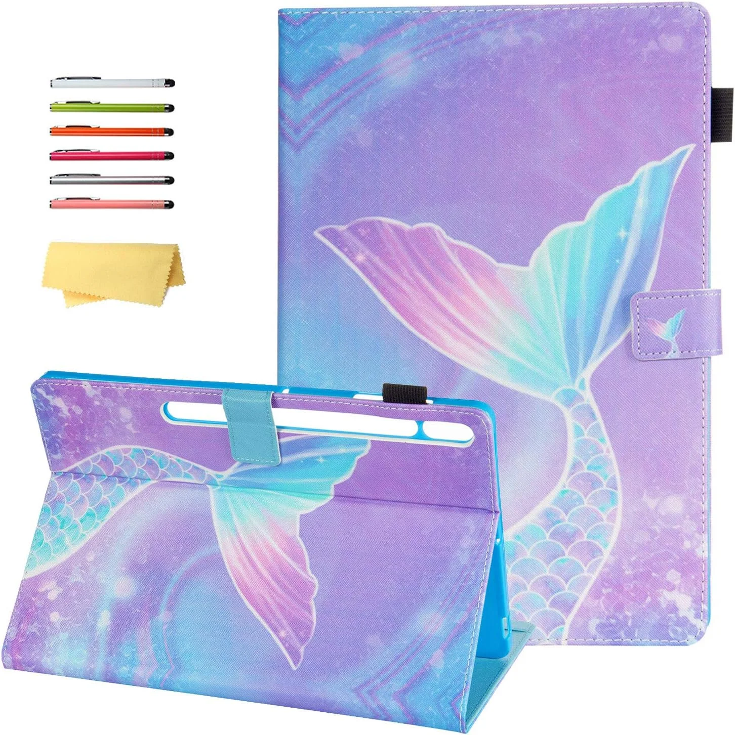 کاور تبلت سامسونگ گلکسی تب S7 مدل 11 اینچ 2020 (SM-T870/T875/T876/T878) با جای قلم و استند چند زاویه ای، چرم PU ضد ضربه، طرح پولک پری دریایی صورتی