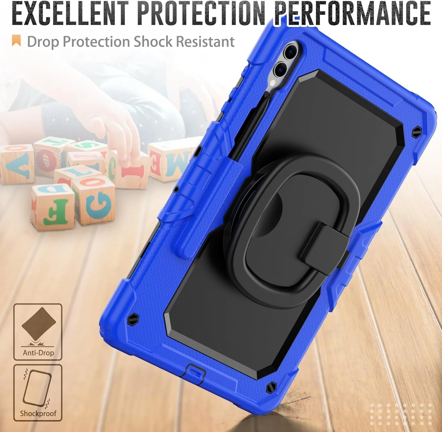 کیف تبلت XNCVBD مناسب برای تبلت سامسونگ گلکسی تب S10+ پلاس 2024/ S9 FE+ پلاس/ + 12.4 اینچ 2023 به همراه محافظ صفحه نمایش، کیف محافظ کامل، مقاوم و دارای دسته سیلیکونی چرخان (آبی)