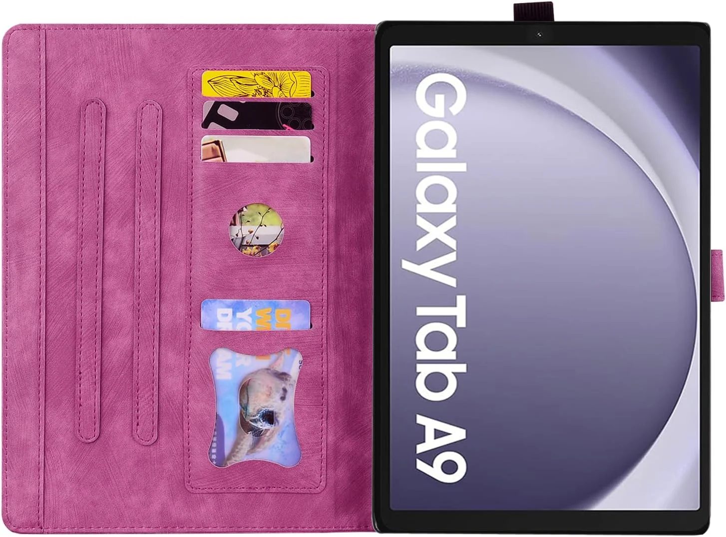 کاور ساکتاپی تبلت سامسونگ گلکسی تب A9 سایز 8.7 اینچ مدل SM-X110/X115 سال 2023، جلد چرمی PU، کاور محافظ تبلت، کیف پول با نگهدارنده قلم، مناسب تبلت سامسونگ تب A9 سایز 8.7 اینچ 2023، رنگ صورتی قرمز