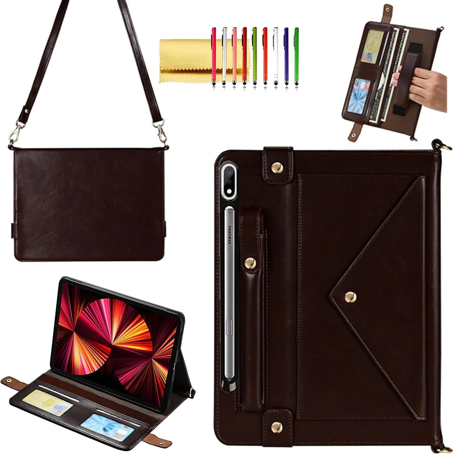 کیف پول تبلت Techcircle مدل Dark Brown 14.6 اینچی، مناسب برای Samsung Galaxy Tab S8 Ultra/S9 Ultra/S10 Ultra (SM-X900/SM-X910/SM-X920) به همراه بند دستی و جای قلم S - مناسب برای تماشای فیلم، مطالعه و مسافرت