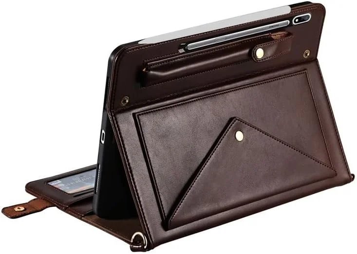 کیف پول تبلت Techcircle مدل Dark Brown 14.6 اینچی، مناسب برای Samsung Galaxy Tab S8 Ultra/S9 Ultra/S10 Ultra (SM-X900/SM-X910/SM-X920) به همراه بند دستی و جای قلم S - مناسب برای تماشای فیلم، مطالعه و مسافرت