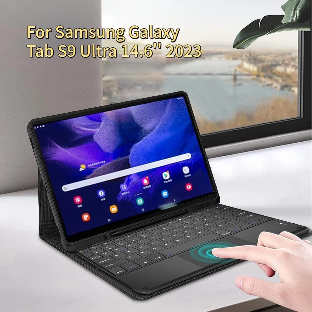 کیف محافظ کیبورد دار تبلت سامسونگ گلکسی تب S9 Ultra 2023/S8 Ultra، 14.6 اینچ، دارای جای قلم S Pen، کاور هوشمند باریک با کیبورد بلوتوثی، مشکی (دارای تاچ پد)