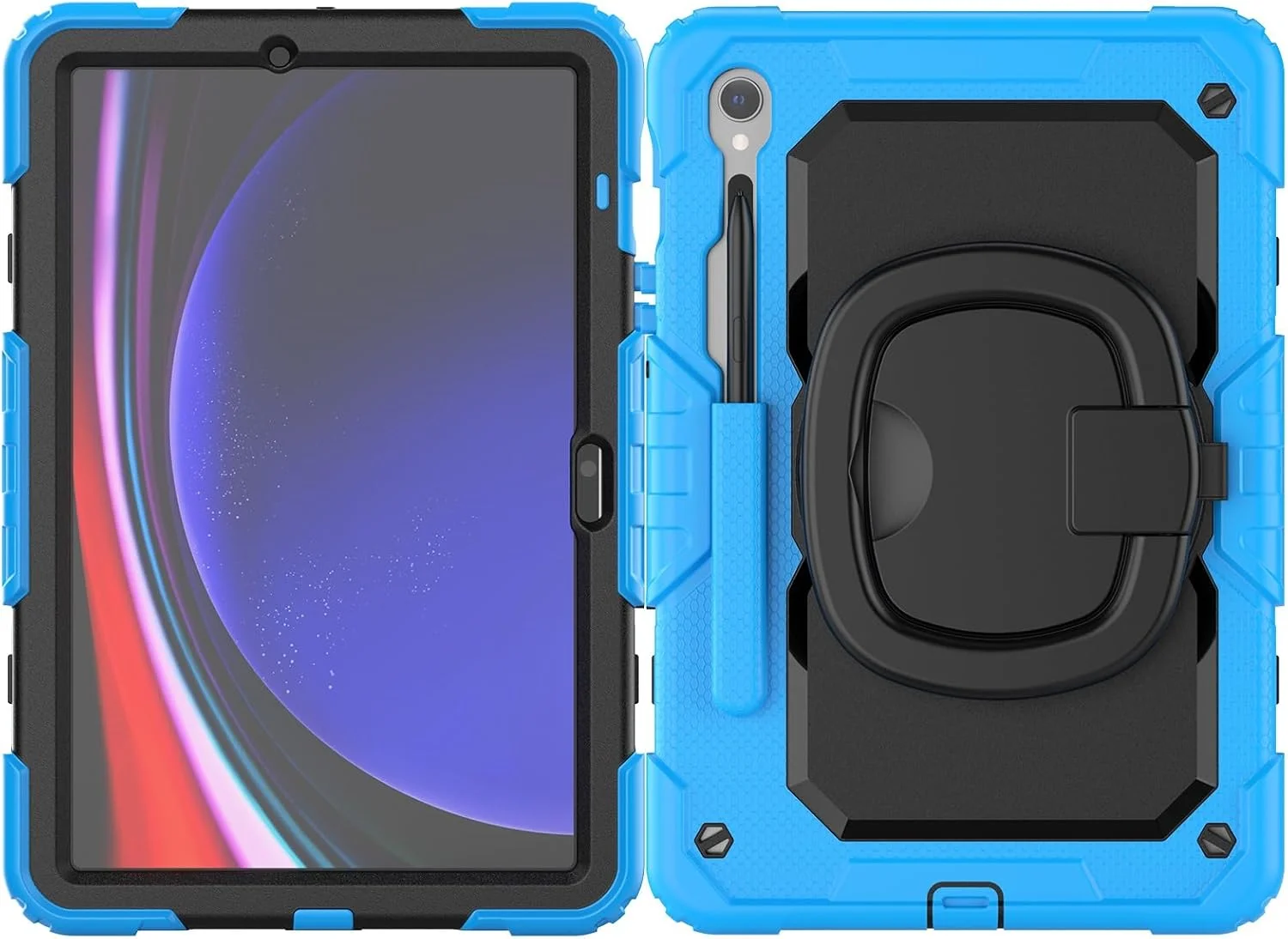 کیف سیلیکونی تبلت مدل XNCVBD مناسب برای تبلت سامسونگ گلکسی تب S10 FE 11 اینچ SM-X520/X526B/X528U 2025 به همراه محافظ صفحه نمایش، مقاوم و دارای دسته چرخشی (آبی روشن)