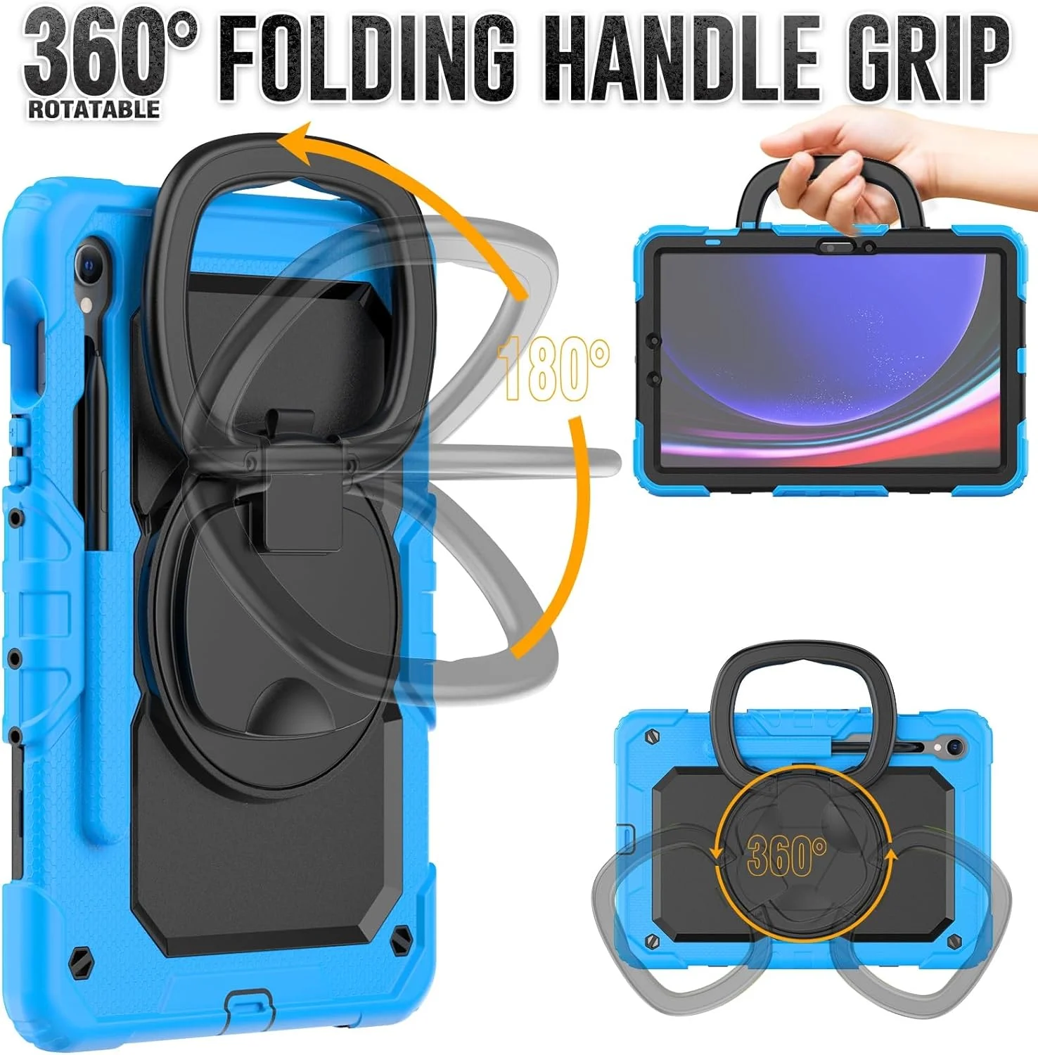 کیف سیلیکونی تبلت مدل XNCVBD مناسب برای تبلت سامسونگ گلکسی تب S10 FE 11 اینچ SM-X520/X526B/X528U 2025 به همراه محافظ صفحه نمایش، مقاوم و دارای دسته چرخشی (آبی روشن)