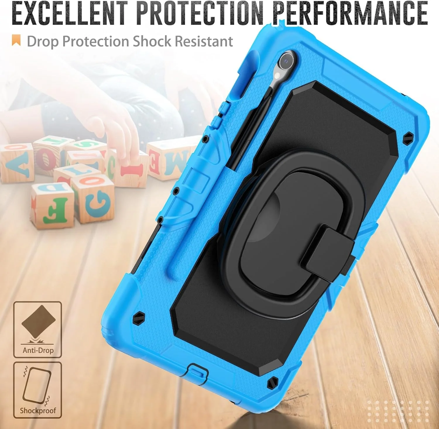 کیف سیلیکونی تبلت مدل XNCVBD مناسب برای تبلت سامسونگ گلکسی تب S10 FE 11 اینچ SM-X520/X526B/X528U 2025 به همراه محافظ صفحه نمایش، مقاوم و دارای دسته چرخشی (آبی روشن)