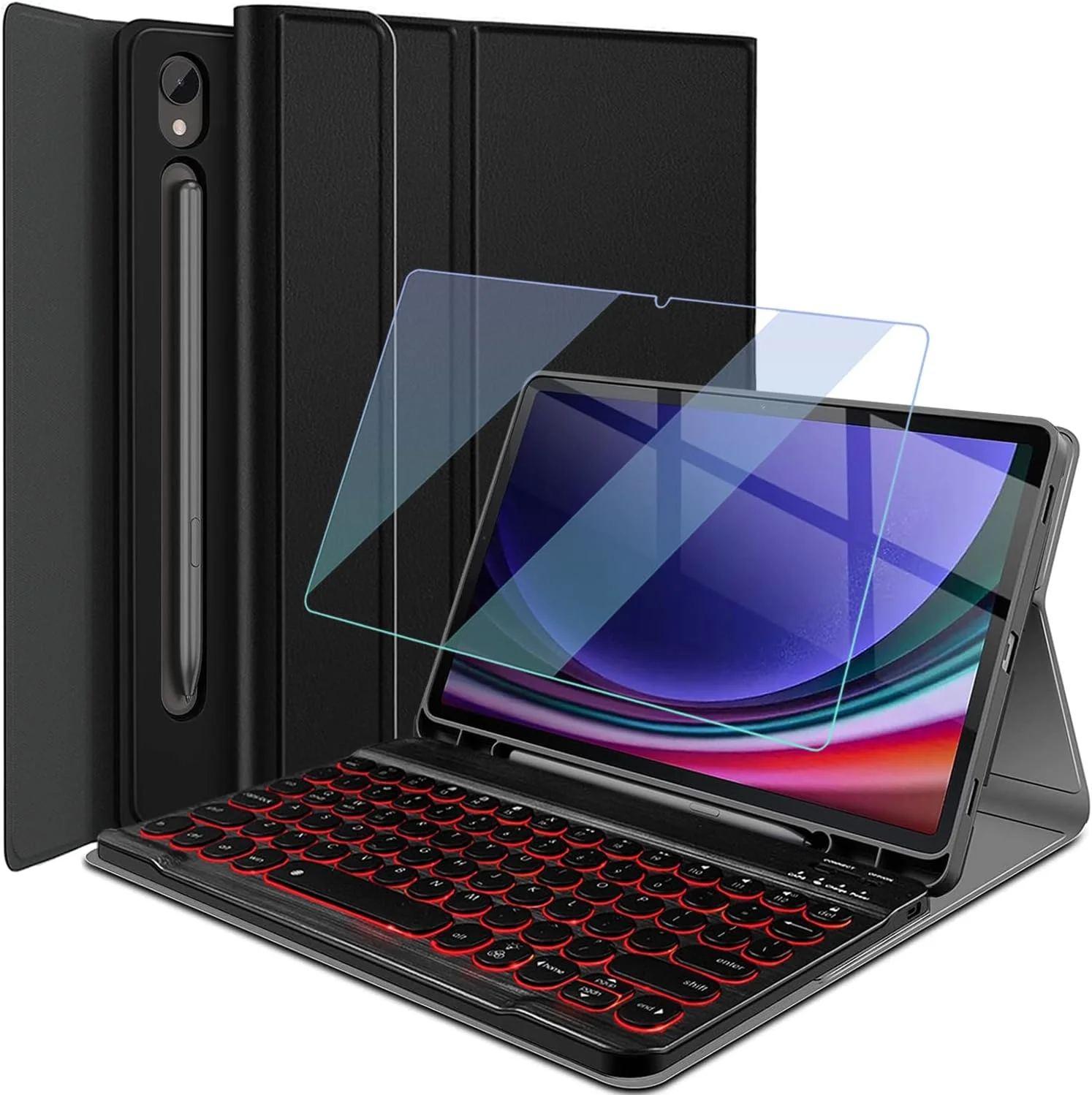 کیبورد دارای نور پس زمینه برای تبلت سامسونگ گلکسی تب S10 Lite/ S10 FE/ S9 FE 5G 10.9 اینچ/تب S9 11 اینچ به همراه محافظ صفحه نمایش، کاور چرمی Wineecy با کیبورد بی سیم جداشدنی و نور 7 رنگ