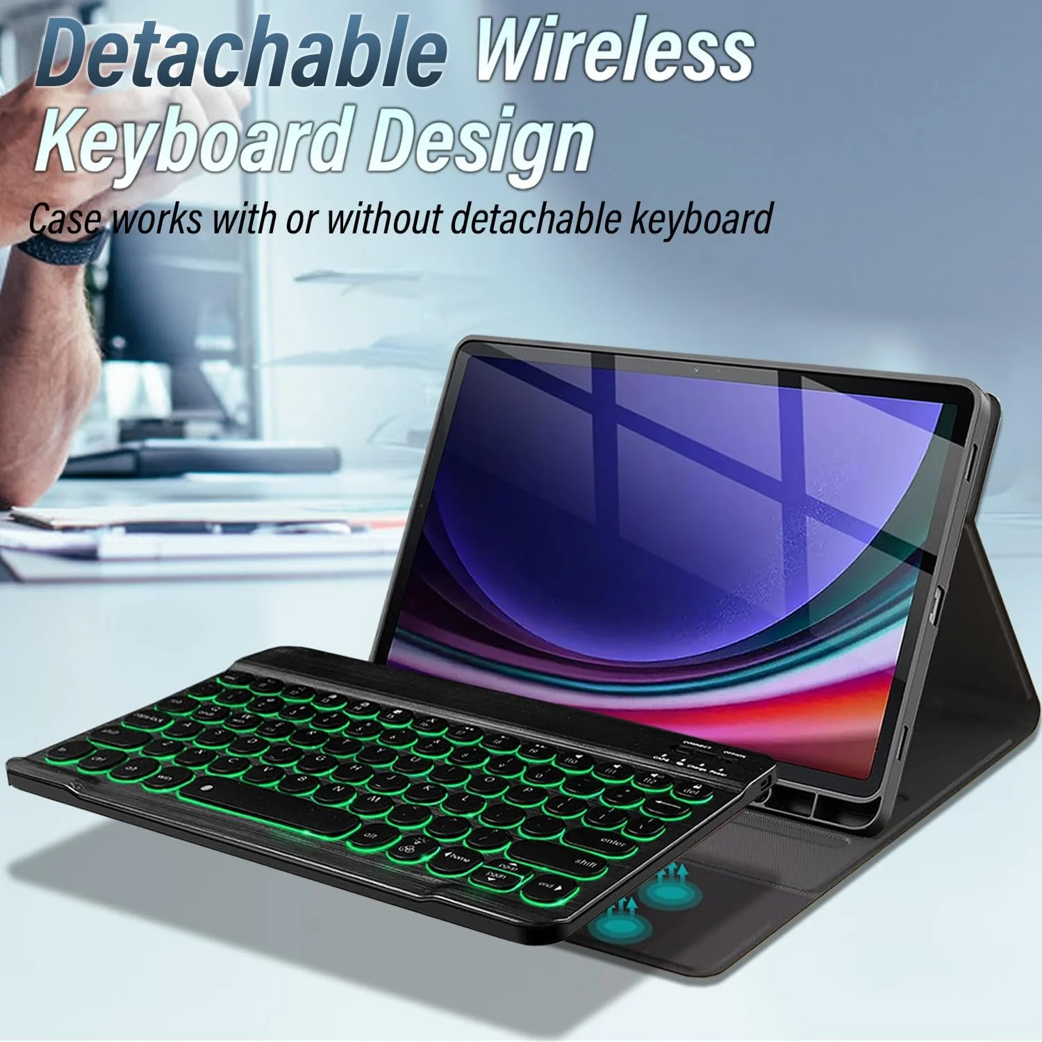 کیبورد دارای نور پس زمینه برای تبلت سامسونگ گلکسی تب S10 Lite/ S10 FE/ S9 FE 5G 10.9 اینچ/تب S9 11 اینچ به همراه محافظ صفحه نمایش، کاور چرمی Wineecy با کیبورد بی سیم جداشدنی و نور 7 رنگ