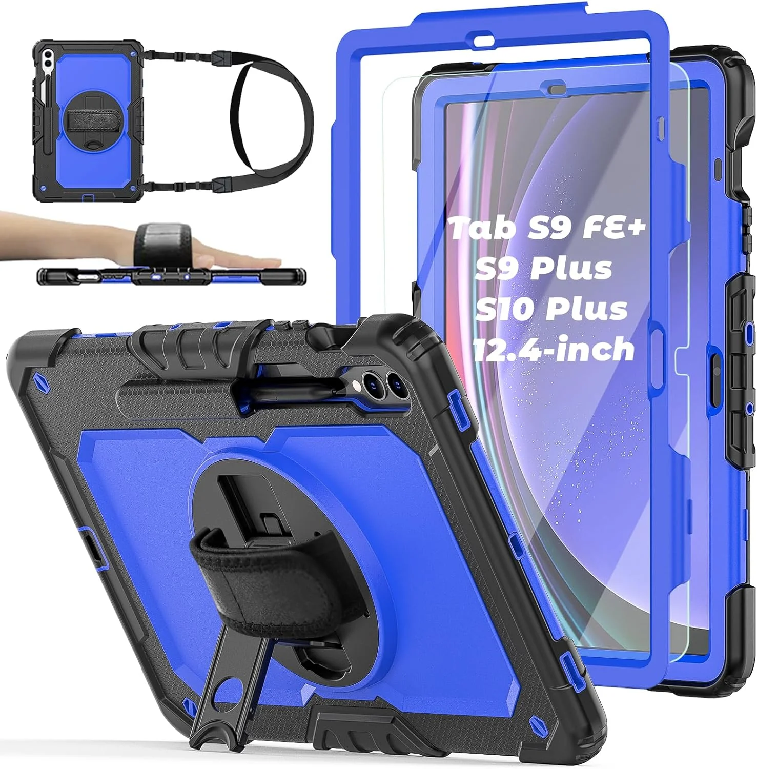 کیف BASE MALL برای تبلت سامسونگ گلکسی تب S10 پلاس/ S9 FE پلاس/ S9 پلاس 5G سایز 12.4 اینچ به همراه محافظ صفحه نمایش شیشه ای حرارت دیده، پایه چرخشی/بند دستی و شانه/نگهدارنده قلم S (آبی)