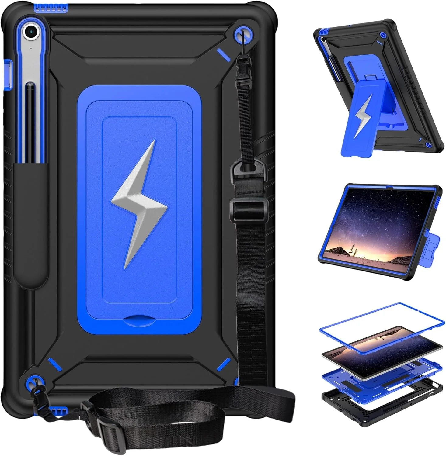 کاور تبلت Gruattreay سازگار با سامسونگ گلکسی تب S10 FE+/Plus 13.1 اینچ، کاور محافظ سیلیکونی ضد ضربه 3 در 1 با پایه قابل تنظیم، بند شانه و جای قلم (آبی)