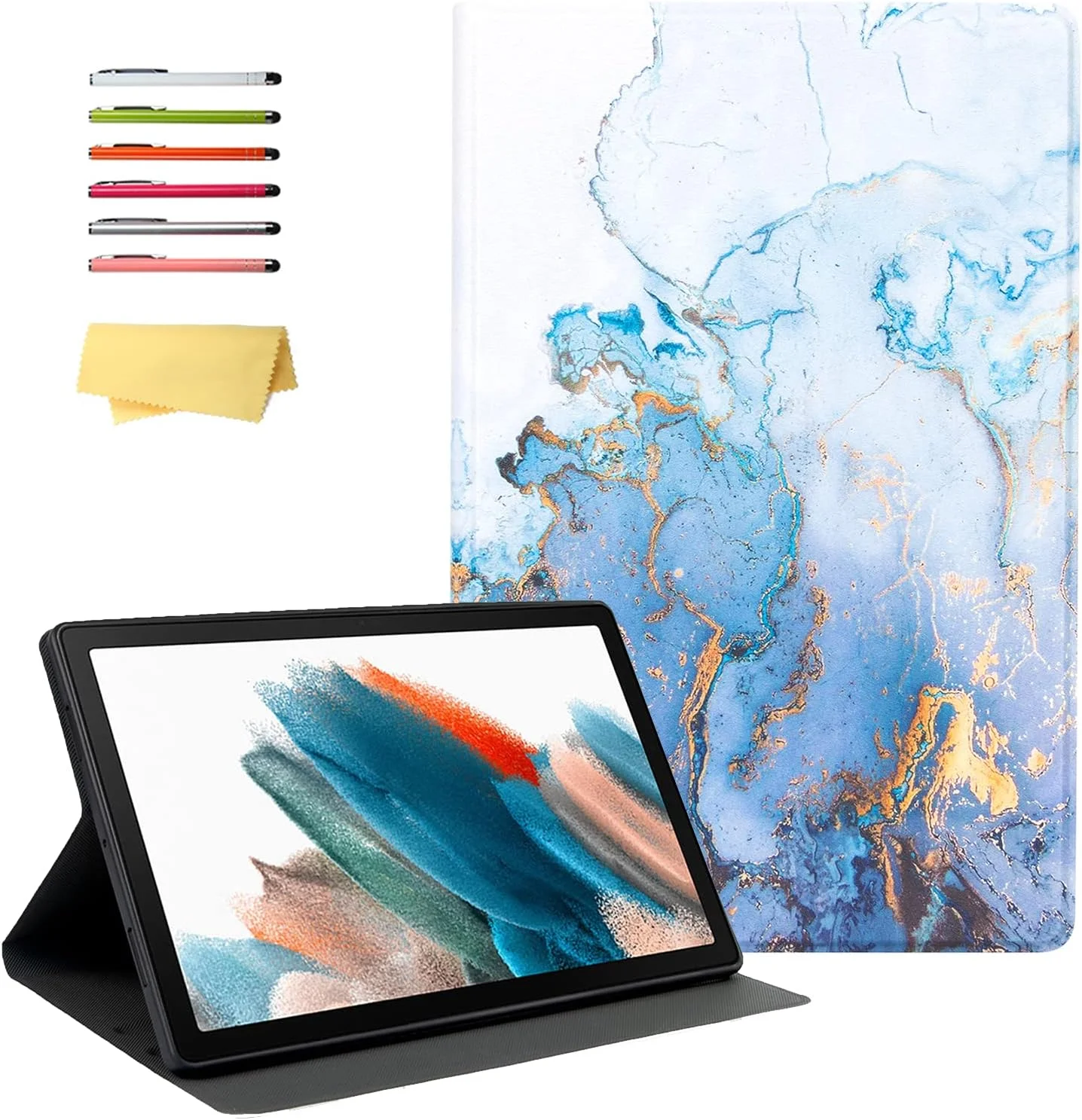 کاور تبلت سامسونگ گلکسی تب A8 10.5 اینچ 2022 مدل UUcovers (SM-X200/X205/X207)، کاور هوشمند تاشو بسیار نازک با قابلیت خواب/بیدار شدن خودکار، چرم PU و پشت TPU نرم ضد ضربه، طرح مرمر طلایی آبی