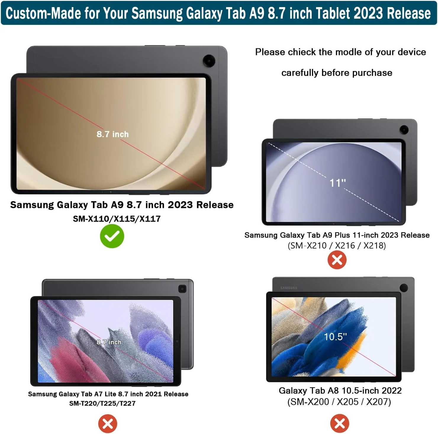 کاور تبلت سامسونگ گلکسی تب A9 ترند گیت، 8.7 اینچ 2023، سری آرمور سبک و مقاوم در برابر ضربه، پوشش کامل با محافظ صفحه نمایش داخلی و استند برای گلکسی تب A9 8.7 اینچ (SM-X110/X115/X117) - بنفش